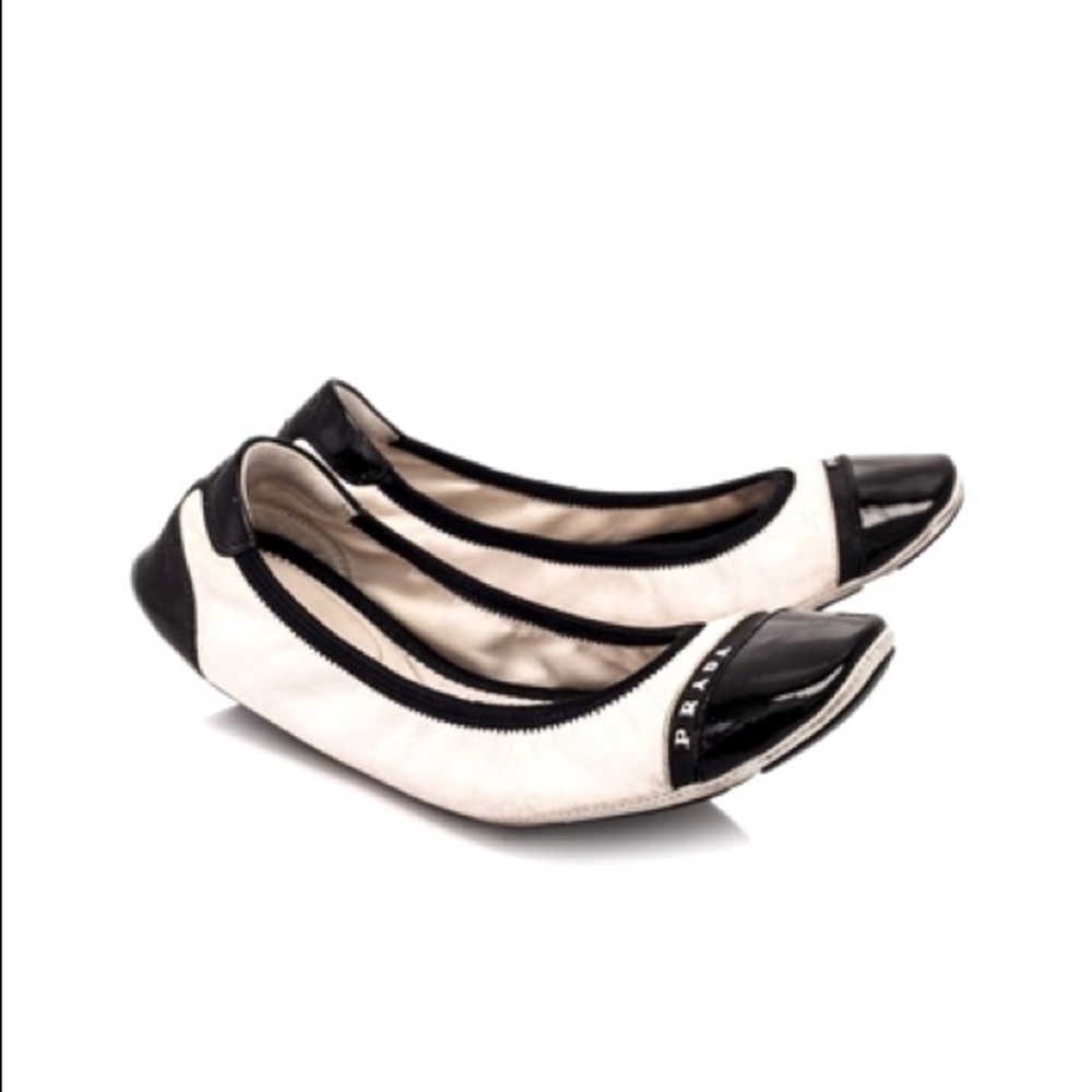 PRADA: Black & White Avorio+Nero Buffalo Flats